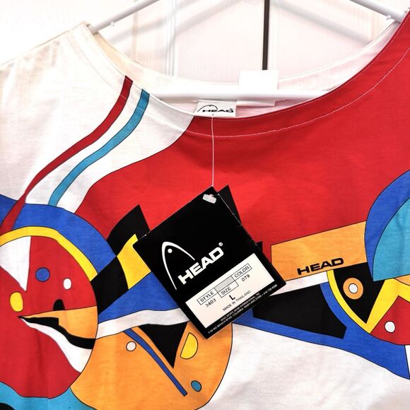 Vtg HEAD Tennis Boho T-Shirt Womens Large Cap Sleeve Graphic White Multicolor - Picture 5 of 7